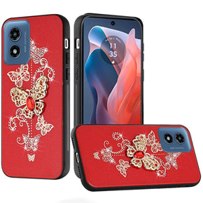 Motorola Moto G Play (2024) SPLENDID Engraved Ornaments Diamond Glitter Design Hybrid Case - Garden Butterflies/Red