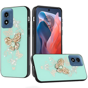 Motorola Moto G Play (2024) SPLENDID Engraved Ornaments Diamond Glitter Design Hybrid Case - Garden Butterflies/Teal