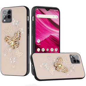 T-Mobile REVVL 6 Pro 5G SPLENDID Engraved Ornaments Diamond Glitter Design Hybrid Case - Garden Butterflies / Gold