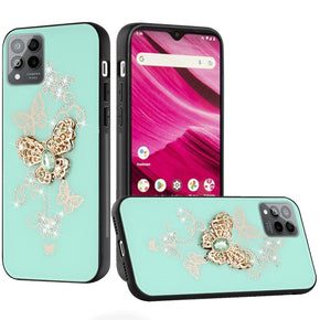 T-Mobile REVVL 6 Pro 5G SPLENDID Engraved Ornaments Diamond Glitter Design Hybrid Case - Garden Butterflies / Teal