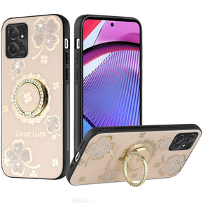 Motorola Moto G Power (2023) SPLENDID Engraved Ornaments Diamond Glitter Design Hybrid Case (w/ Ring Stand) - Clover / Gold