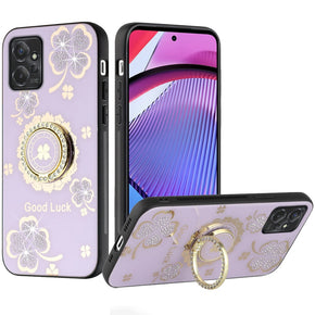 Motorola Moto G Power (2024) SPLENDID Engraved Ornaments Diamond Glitter Design Hybrid Case (w/ Ring Stand) - Clover / Purple