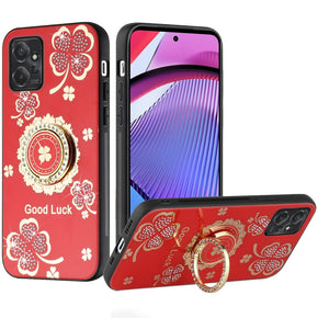 Motorola Moto G Power (2023) SPLENDID Engraved Ornaments Diamond Glitter Design Hybrid Case (w/ Ring Stand) - Clover / Red