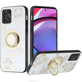 Motorola Moto G Power (2023) SPLENDID Engraved Ornaments Diamond Glitter Design Hybrid Case (w/ Ring Stand) - Clover / White