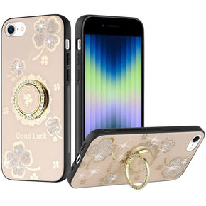 Apple iPhone 15 (6.1) SPLENDID Engraved Ornaments Diamond Glitter Design Hybrid Case (w/ Ring Stand) - Clover / Gold