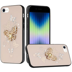 Apple iPhone 15 Plus (6.7) SPLENDID Engraved Ornaments Diamond Glitter Design Hybrid Case - Garden Butterflies / Gold