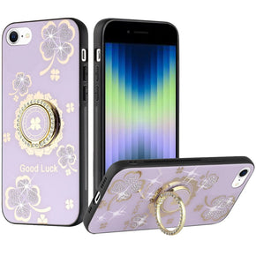 Apple iPhone 15 Pro (6.1) SPLENDID Engraved Ornaments Diamond Glitter Design Hybrid Case (w/ Ring Stand) - Clover / Purple
