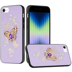 Apple iPhone 15 Plus (6.7) SPLENDID Engraved Ornaments Diamond Glitter Design Hybrid Case - Garden Butterflies / Purple