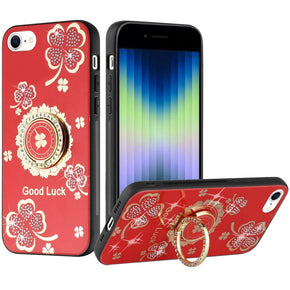 Apple iPhone 15 Pro Max (6.7) SPLENDID Engraved Ornaments Diamond Glitter Design Hybrid Case (w/ Ring Stand) - Clover / Red