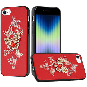 Apple iPhone 15 Pro Max (6.7) SPLENDID Engraved Ornaments Diamond Glitter Design Hybrid Case - Garden Butterflies / Red