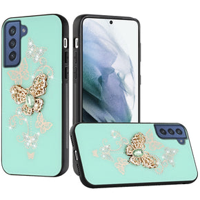 Samsung Galaxy S21 Ultra SPLENDID Engraved Ornaments Diamond Glitter Design Hybrid Case - Garden Butterflies / Teal