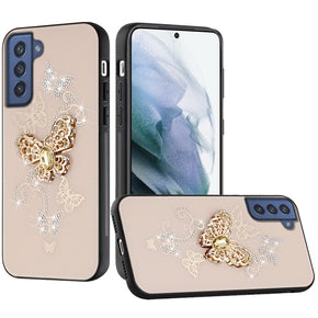 Samsung Galaxy S24 Ultra SPLENDID Engraved Ornaments Diamond Glitter Design Hybrid Case - Garden Butterflies / Gold