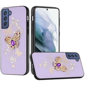 Samsung Galaxy S24 Ultra SPLENDID Engraved Ornaments Diamond Glitter Design Hybrid Case - Garden Butterflies / Purple