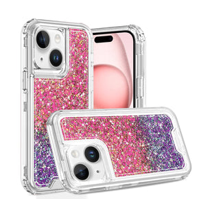Apple iPhone 15 (6.1) Shockproof 3-in-1 Glitter Transparent Hybrid Case - Pink/Purple
