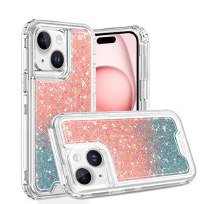 Apple iPhone 15 (6.1) Shockproof 3-in-1 Glitter Transparent Hybrid Case - Pink/Blue