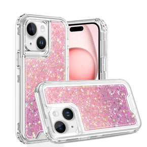 Apple iPhone 15 (6.1) Shockproof 3-in-1 Glitter Transparent Hybrid Case - Pink/Light Purple