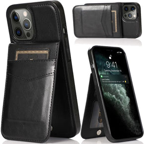 Apple iPhone 15 Pro (6.1) Luxury Leather Hybrid Case (with Vertical Card Holder & Magnetic Button Closure) - Black