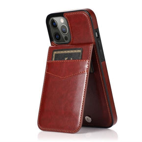 Apple iPhone 13 Pro Max (6.7) Luxury Leather Hybrid Case (with Vertical Card Holder & Magnetic Button Closure) - Brown