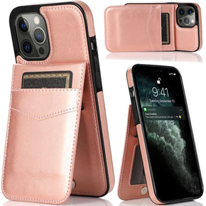 Apple iPhone 15 (6.1) Luxury Leather Hybrid Case (with Vertical Card Holder & Magnetic Button Closure) - Rose Gold