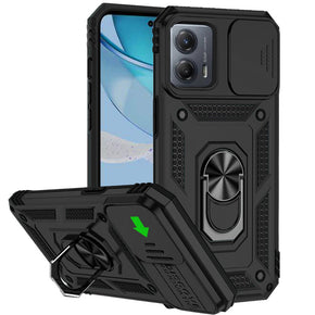 Motorola Moto G 5G (2024) Well Protective Hybrid Case (with Camera Push Cover and Magnetic Ring Stand) - Black