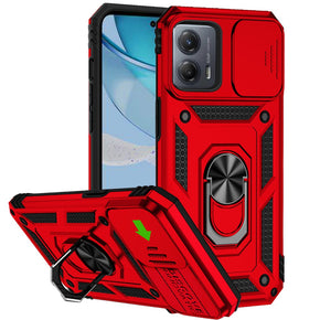 Motorola Moto G 5G (2023) Well Protective Hybrid Case (with Camera Push Cover and Magnetic Ring Stand) - Red