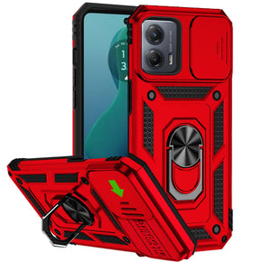 Motorola Moto G 5G (2024) Well Protective Hybrid Case (with Camera Push Cover and Magnetic Ring Stand) - Red