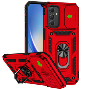 Samsung Galaxy A15 5G Well Protective Hybrid Case (with Camera Push Cover and Magnetic Ring Stand) - Red