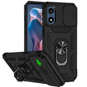 Motorola Moto G Play (2024) Well Protective Hybrid Case (with Camera Push Cover and Magnetic Ring Stand) - Black