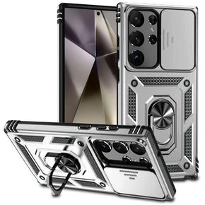 Samsung Galaxy S25 Ultra Well Protective Hybrid Case (with Camera Push Cover and Magnetic Ring Stand) - Silver