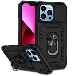 Apple iPhone 15 (6.1) Well Protective Hybrid Case (with Camera Push Cover and Magnetic Ring Stand) - Black