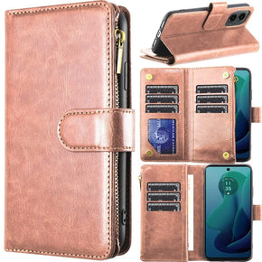 Motorola Moto G Play (2024) Luxury Wallet Case w/ Zipper Pocket - Rose Gold