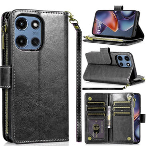 Motorola Moto G 5G (2025) Luxury Wallet Case w/ Zipper Pocket - Black