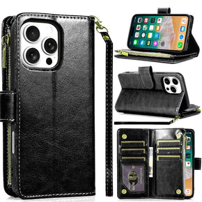 Apple iPhone 16 Pro (6.3) Luxury Wallet Case with Zipper Pocket - Black