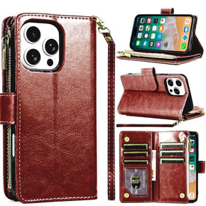 Apple iPhone 16 Pro Max (6.9) Luxury Wallet Case with Zipper Pocket - Brown