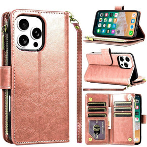 Apple iPhone 16 Pro Max (6.9) Luxury Wallet Case with Zipper Pocket - Rose Gold