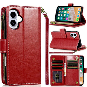 Apple iPhone 16 Plus (6.7) Luxury Wallet Case with Zipper Pocket - Red