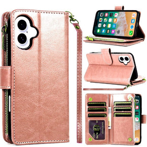 Apple iPhone 16 (6.1) Luxury Wallet Case with Zipper Pocket - Rose Gold