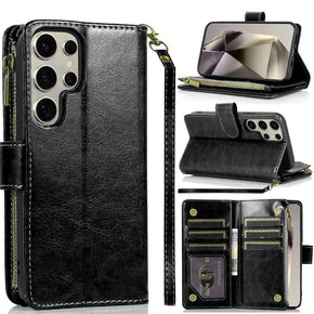 Samsung Galaxy S25 Ultra Luxury Wallet Case w/ Zipper Pocket - Black