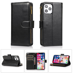 Apple iPhone 12 / 12 Pro (6.1) Luxury Wallet Case with Zipper Pocket - Black