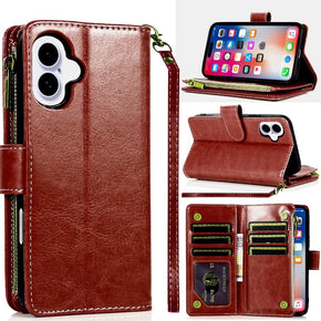 Apple iPhone 16 (6.1) Luxury Wallet Case with Zipper Pocket - Brown