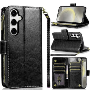 Samsung Galaxy S25 / Galaxy S24 Luxury Wallet Case w/ Zipper Pocket - Black