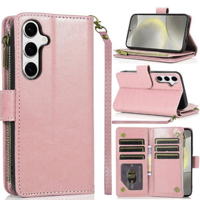 Samsung Galaxy S25 / Galaxy S24 Luxury Wallet Case w/ Zipper Pocket - Rose Gold