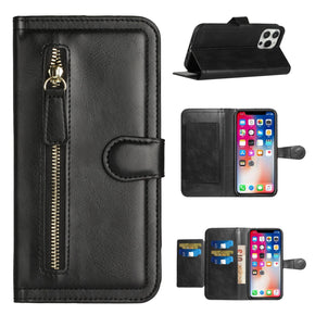 Google Pixel 7a Premium Multi Card Pocket Zipper Wallet Case (w/ Magnetic Flap) - Black