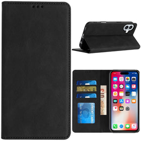 Apple iPhone 16 (6.1) Premium PU Vegan Leather Magnetic Folio Wallet Case - Black