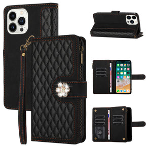 Apple iPhone 15 Pro Max (6.7) Stitched Leather Diamond Wallet Hybrid Case - Black
