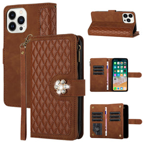 Apple iPhone 15 Plus (6.7) Stitched Leather Diamond Wallet Hybrid Case - Brown