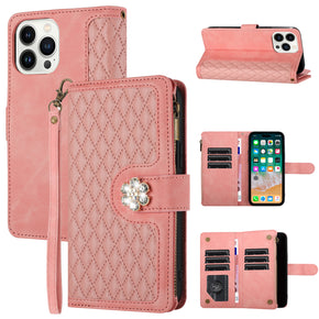 Apple iPhone 15 Pro Max (6.7) Stitched Leather Diamond Wallet Hybrid Case - Pink