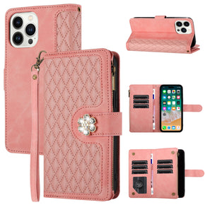 Apple iPhone 15 Plus (6.7) Stitched Leather Diamond Wallet Hybrid Case - Pink