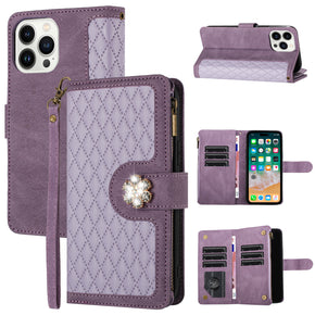 Apple iPhone 15 Pro Max (6.7) Stitched Leather Diamond Wallet Hybrid Case - Purple