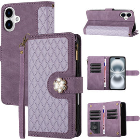 Apple iPhone 16 Plus (6.7) Stitched Leather Diamond Wallet Hybrid Case - Purple